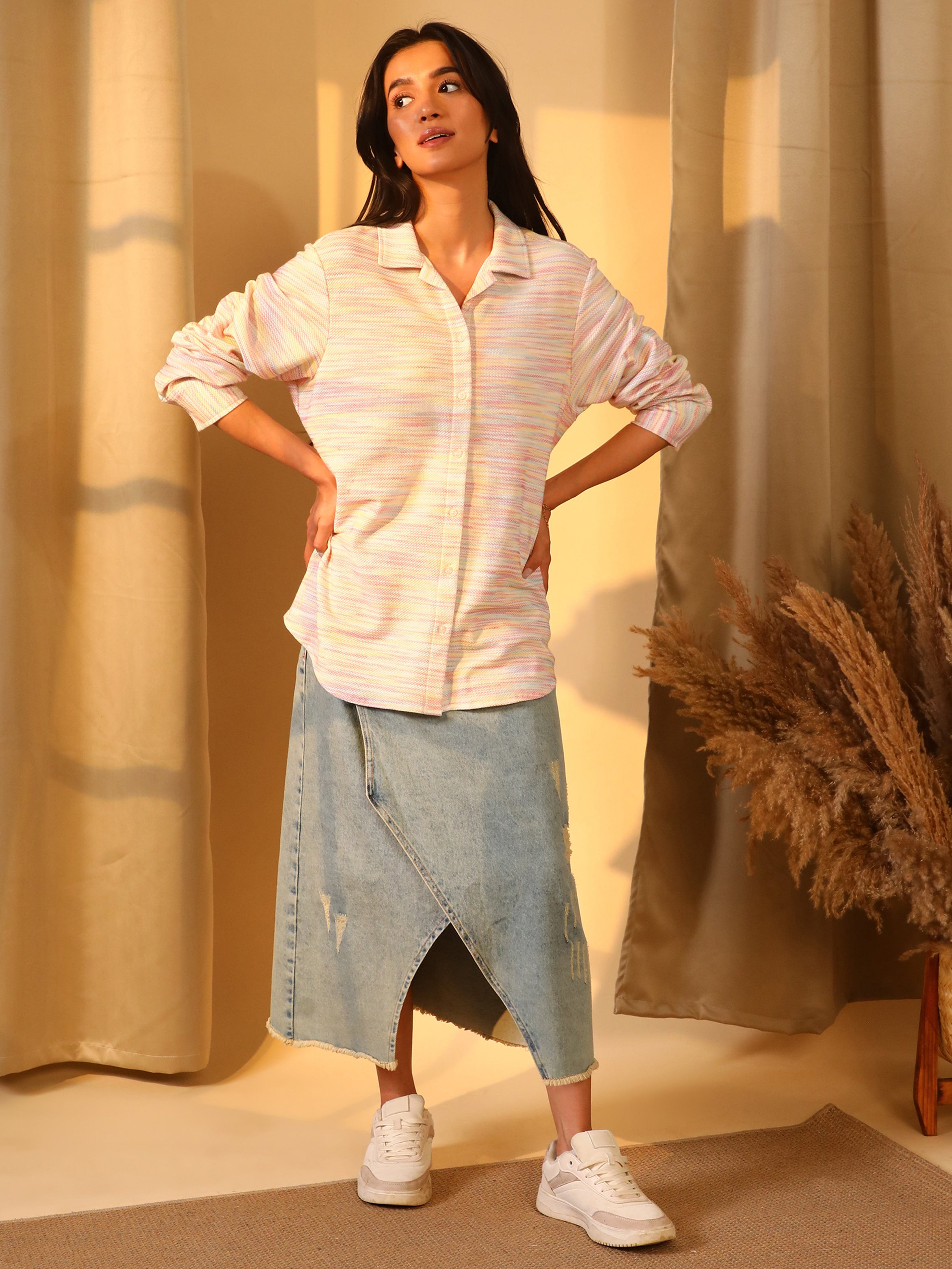 Striped Textured Knit Long Sleeve Shirt