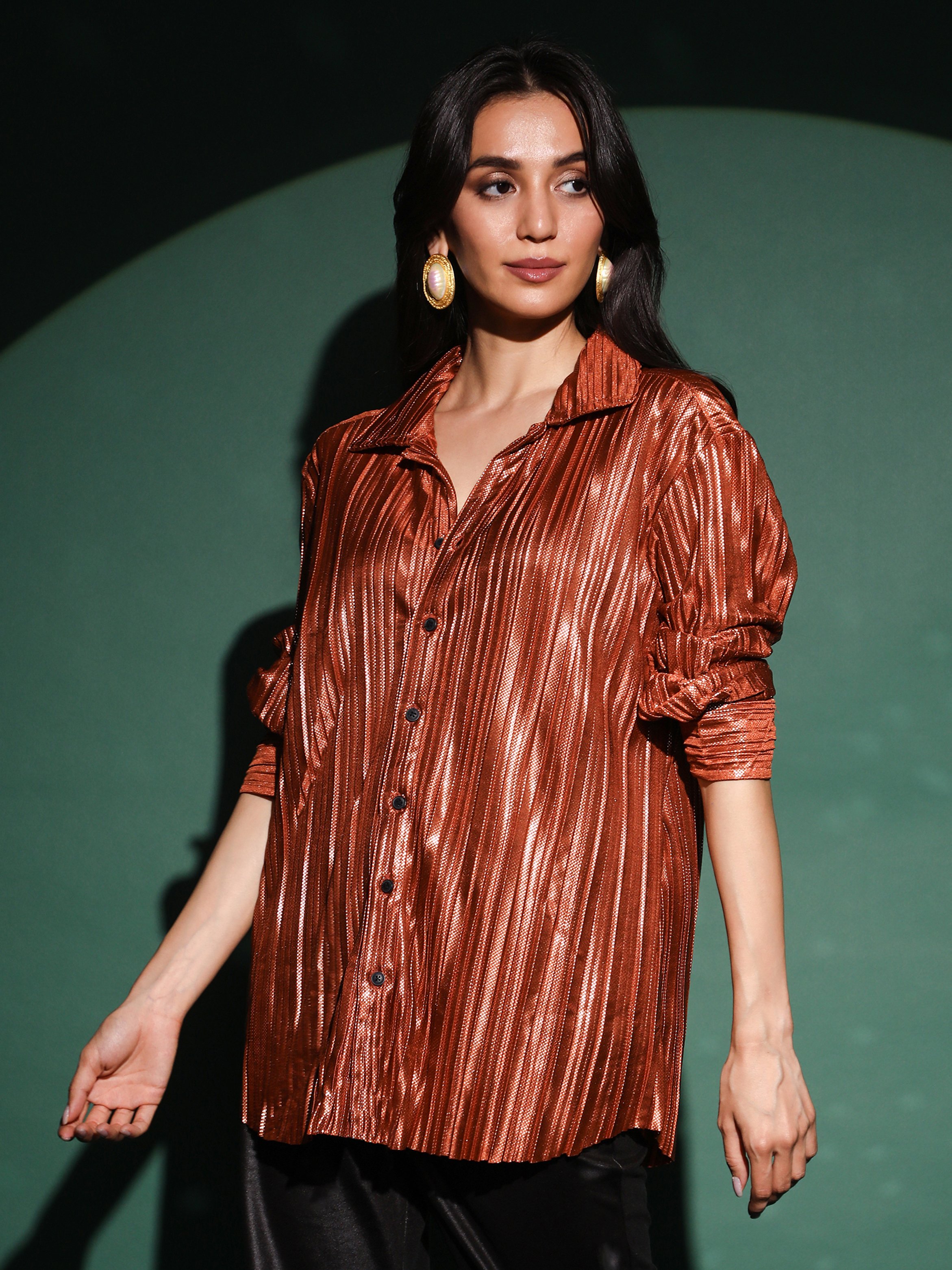 Chocolate Brown Metallic Pleated Shirt