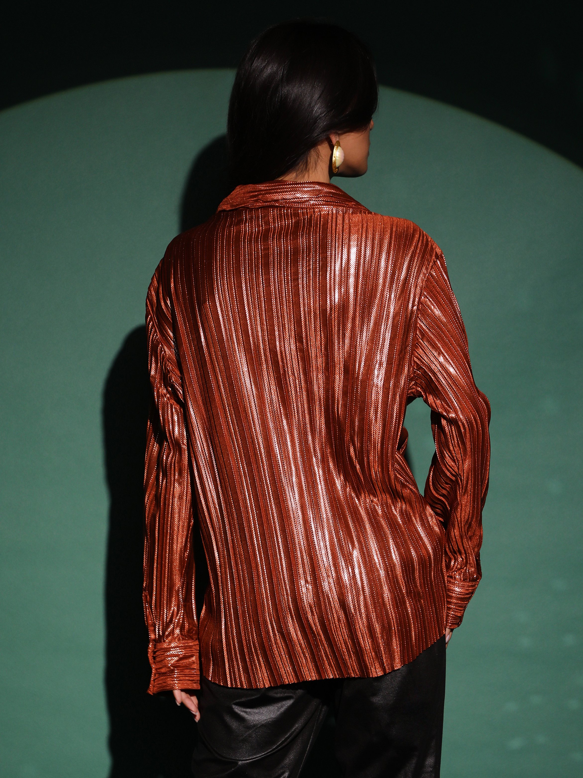 Chocolate Brown Metallic Pleated Shirt