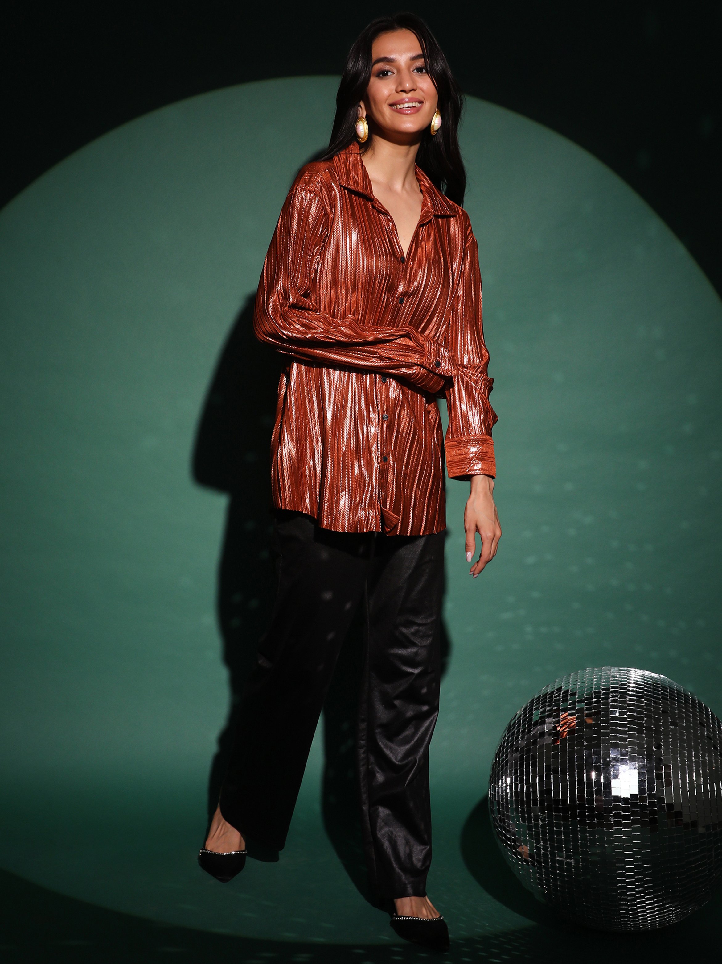 Chocolate Brown Metallic Pleated Shirt