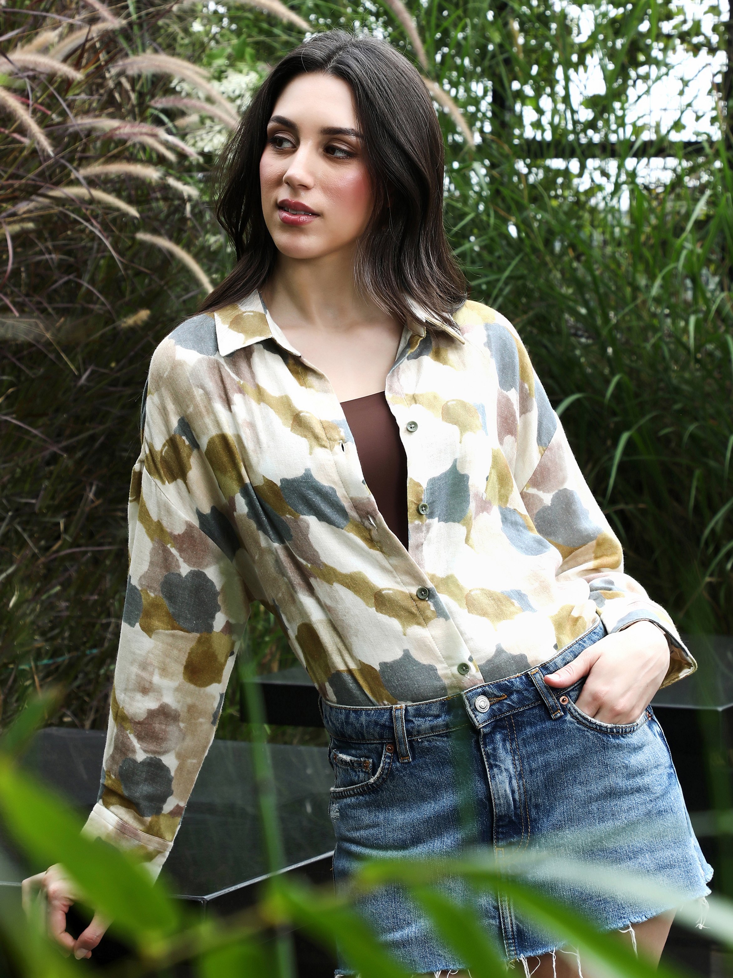Abstract Print Long Sleeve Oversized Shirt