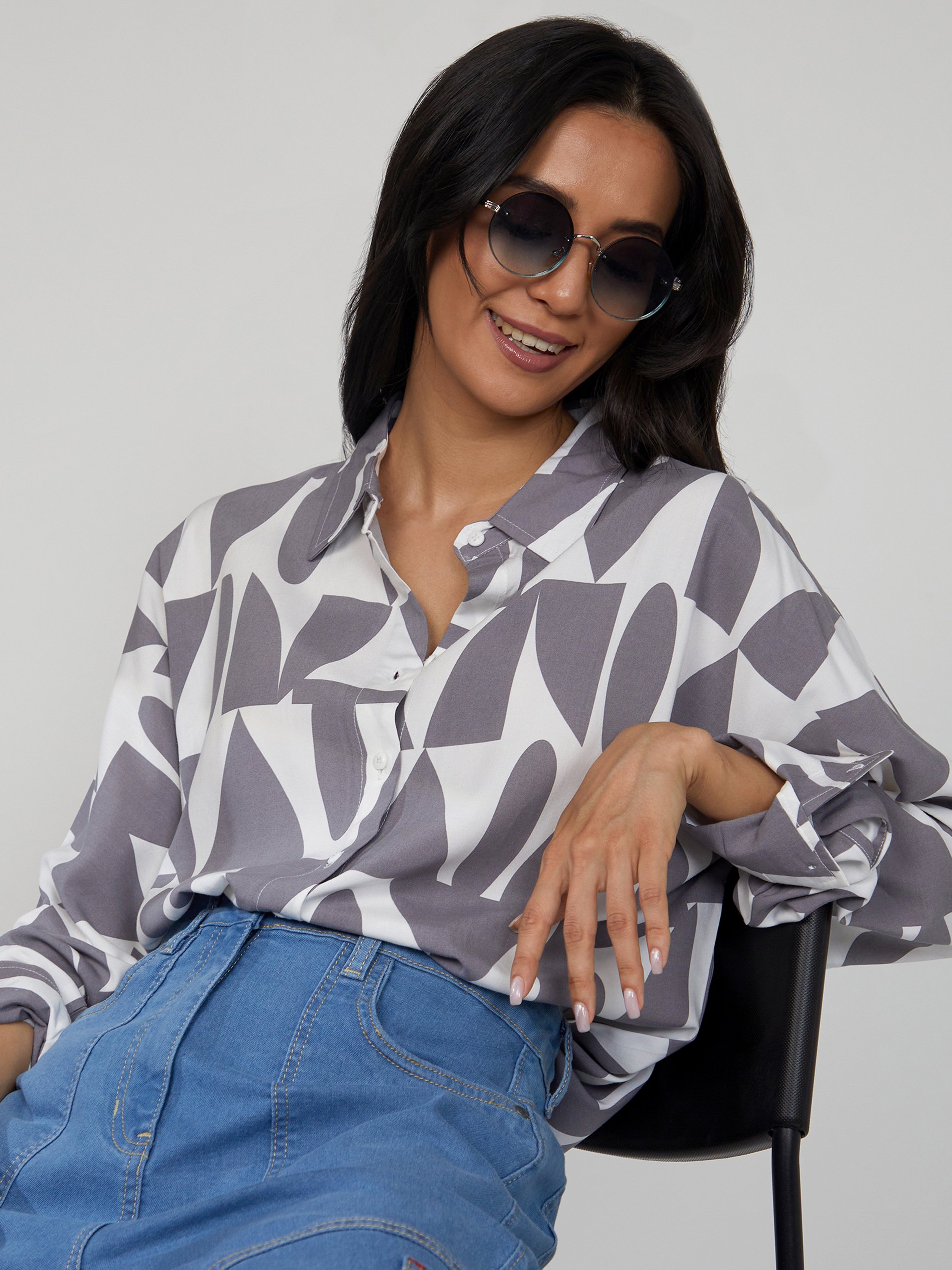 Grey Geometric Print Long Sleeve Shirt