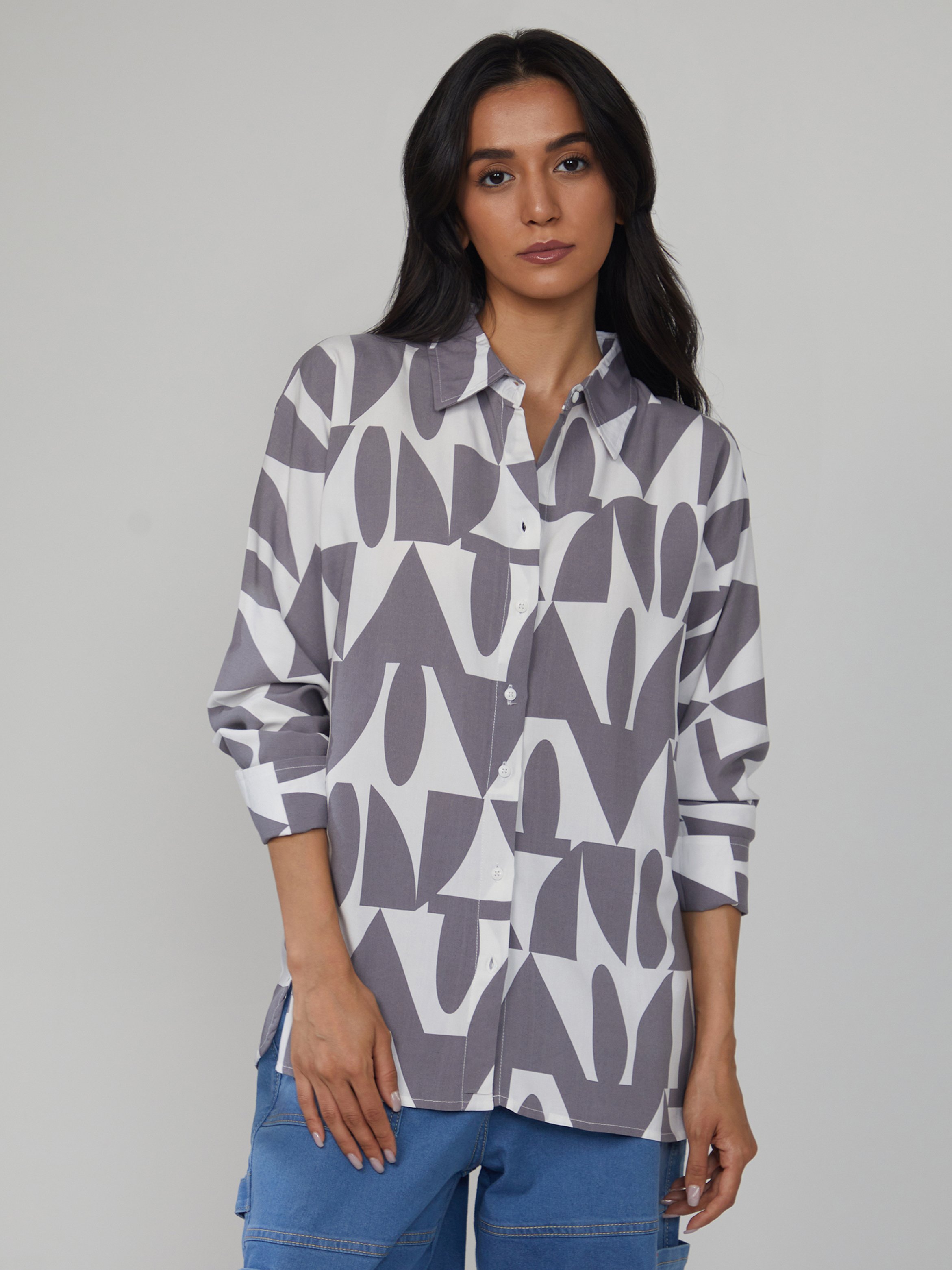 Grey Geometric Print Long Sleeve Shirt
