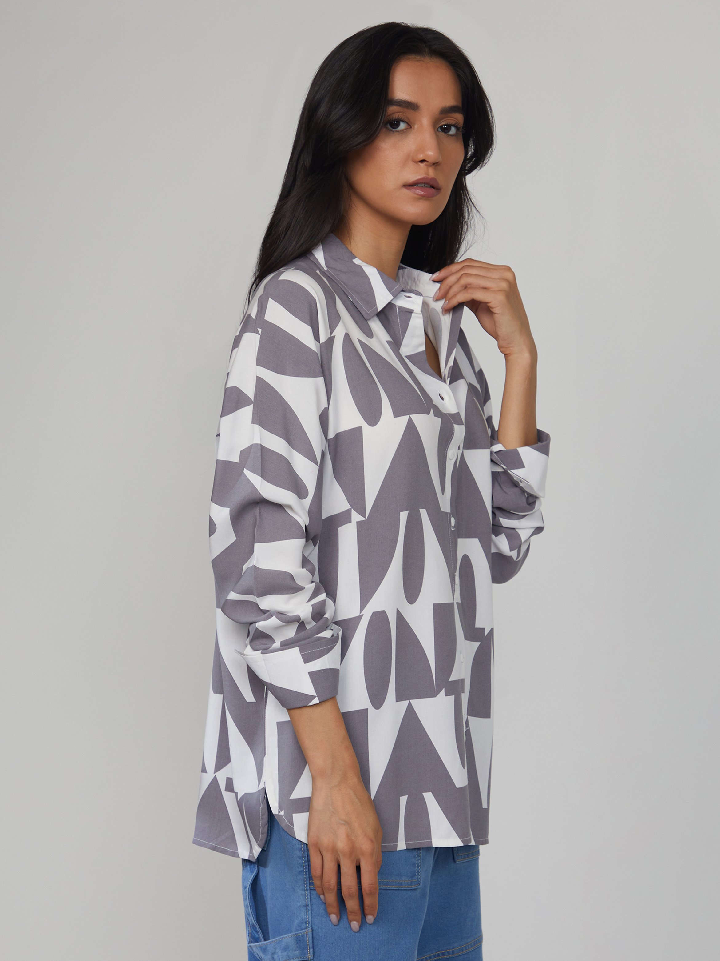 Grey Geometric Print Long Sleeve Shirt