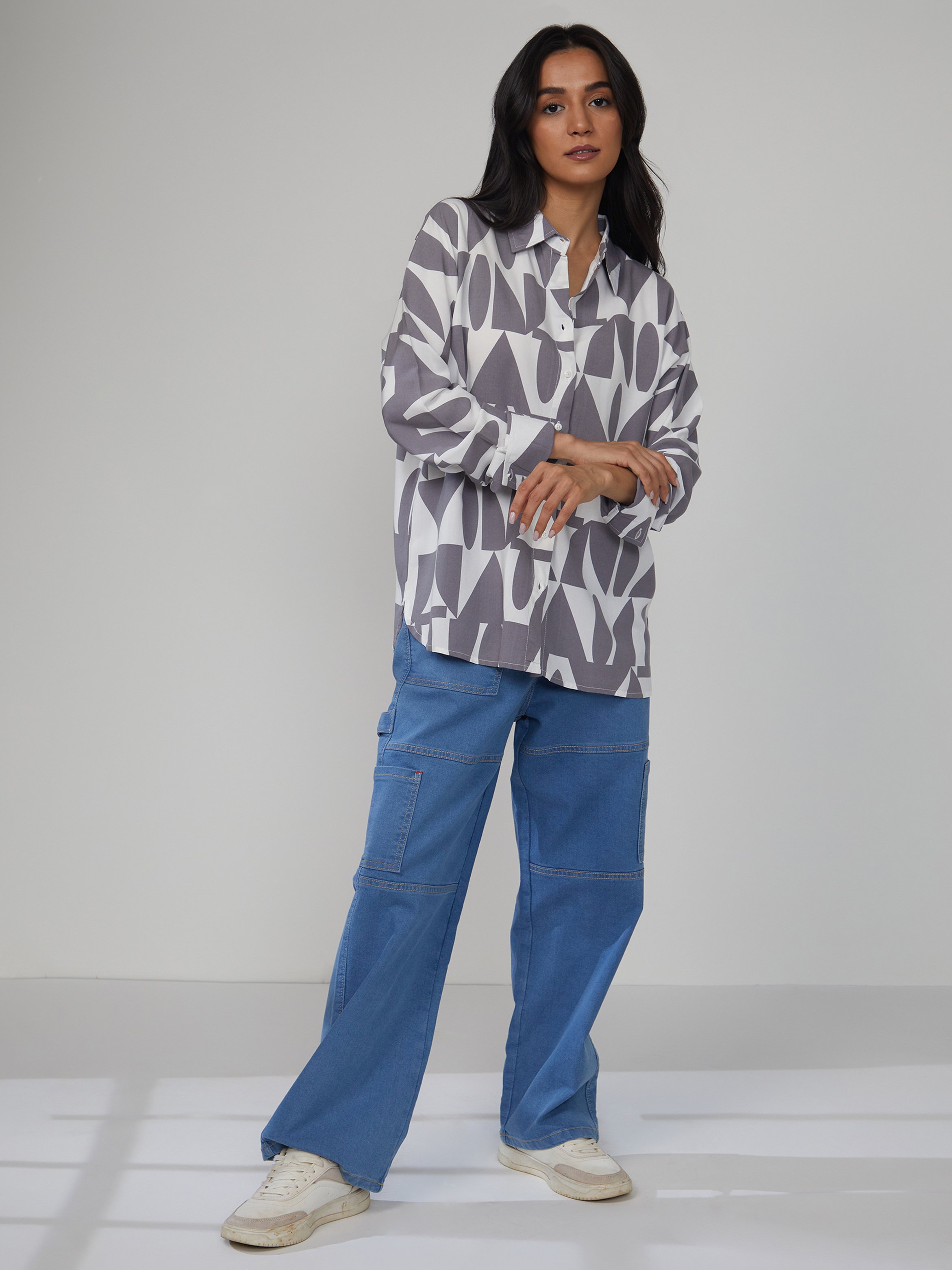 Grey Geometric Print Long Sleeve Shirt