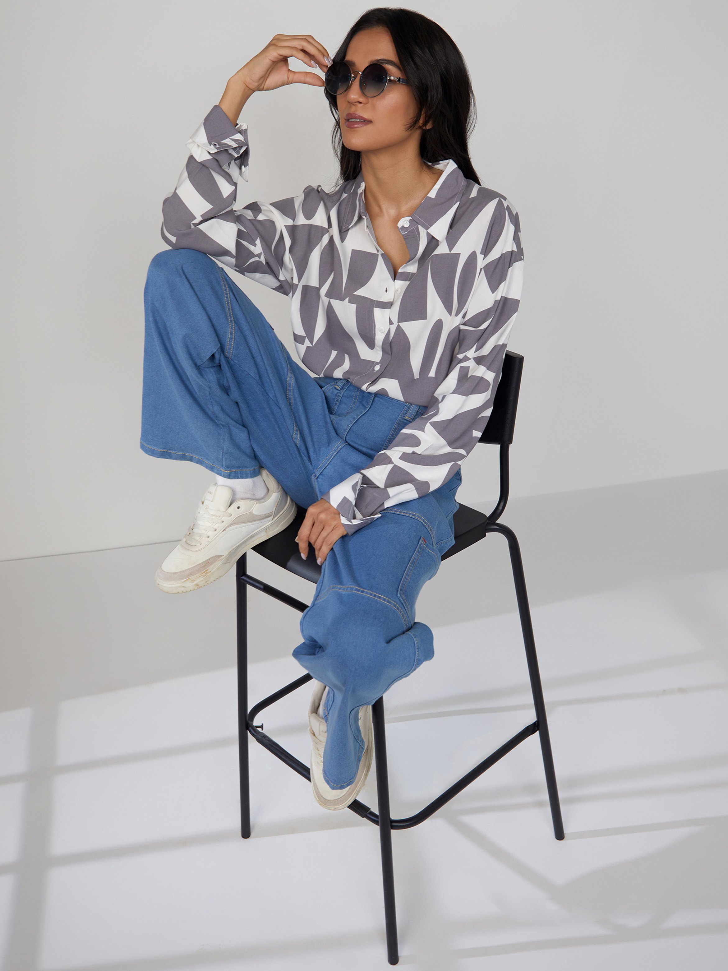 Grey Geometric Print Long Sleeve Shirt