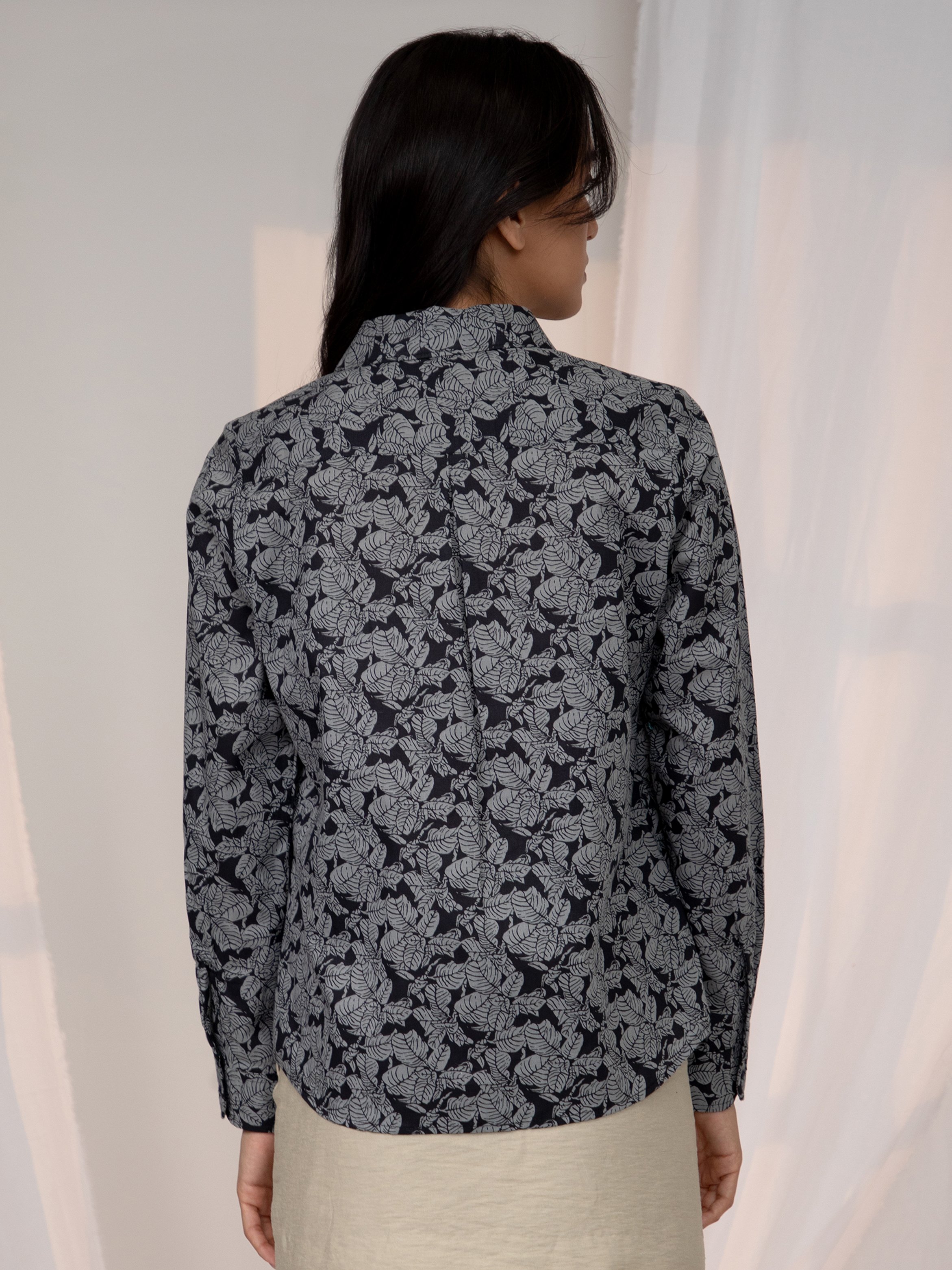 Grey Leaf Print Long Sleeve Shirt