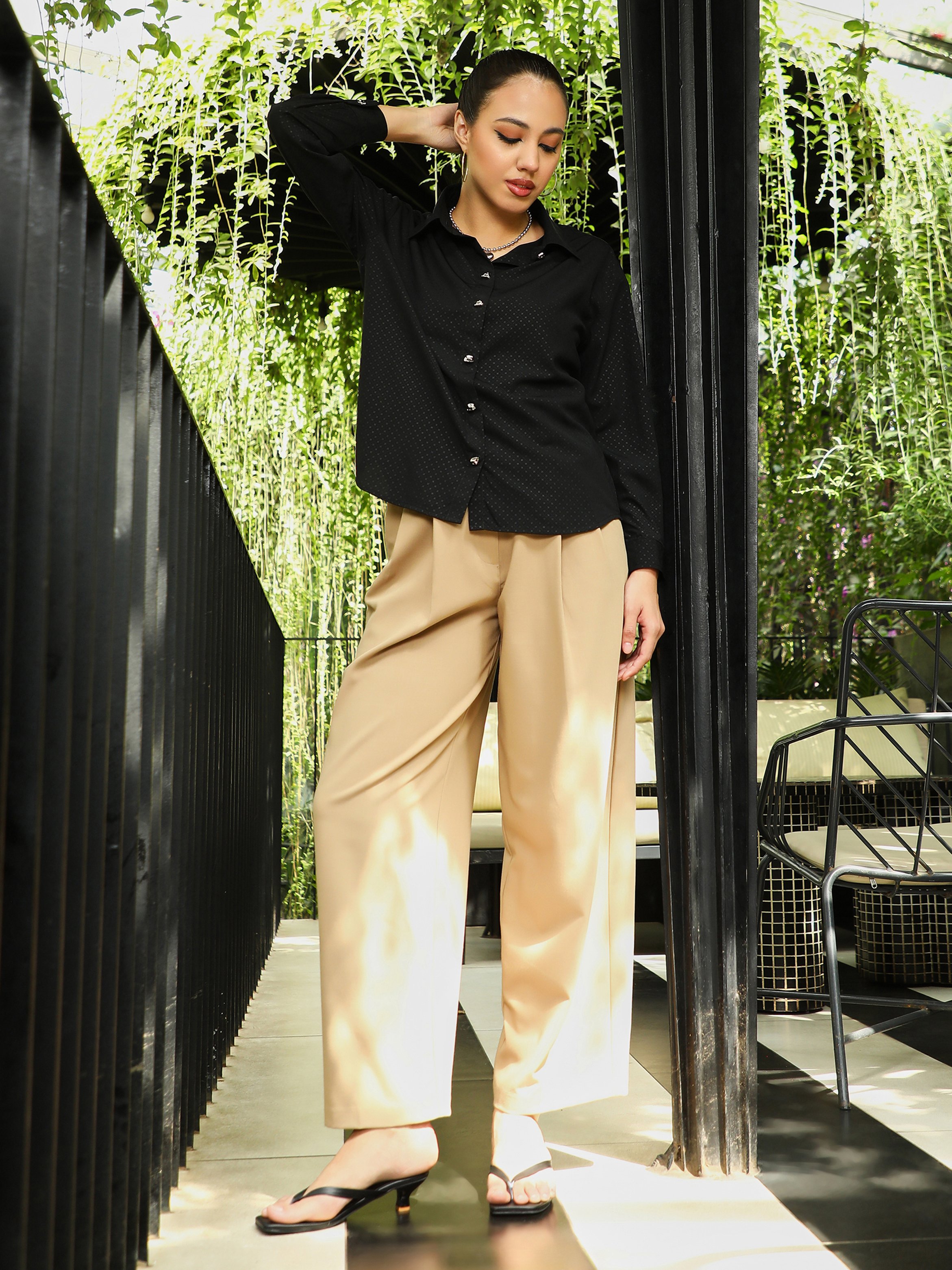 Black Cross-Stitch Imprint Oversized Shirt