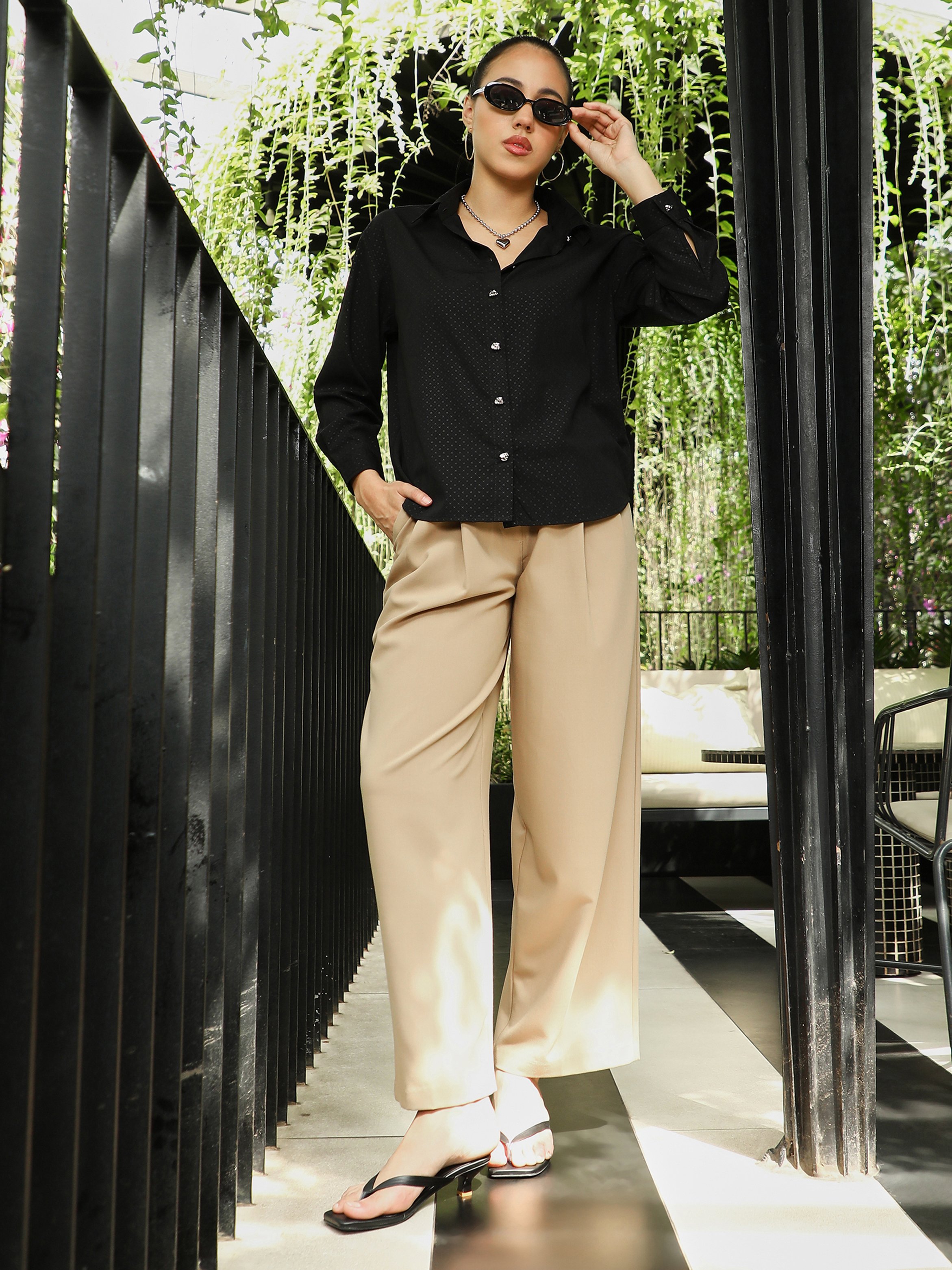 Black Cross-Stitch Imprint Oversized Shirt