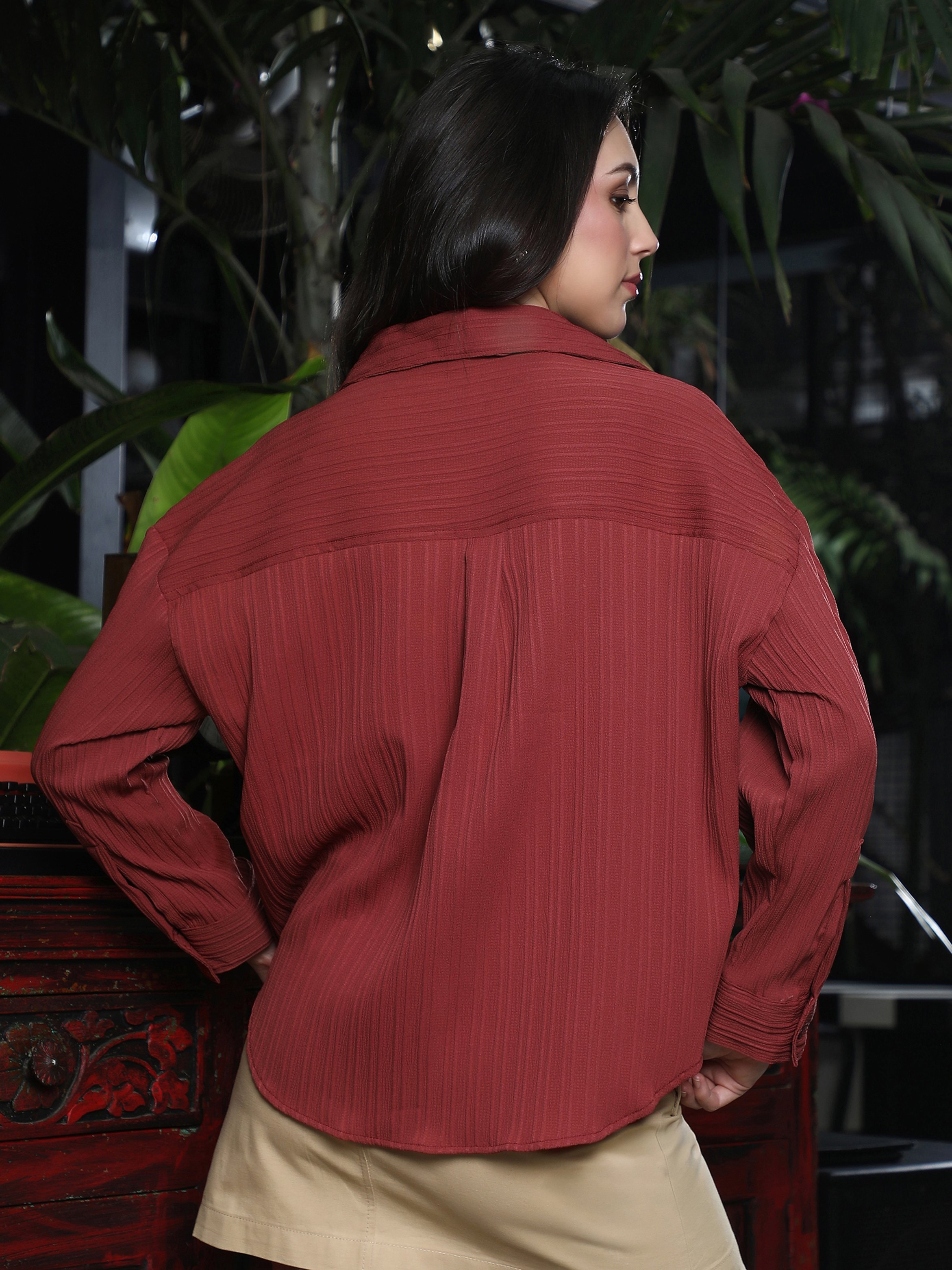 Red Pin-Tactile Textured Oversized Shirt