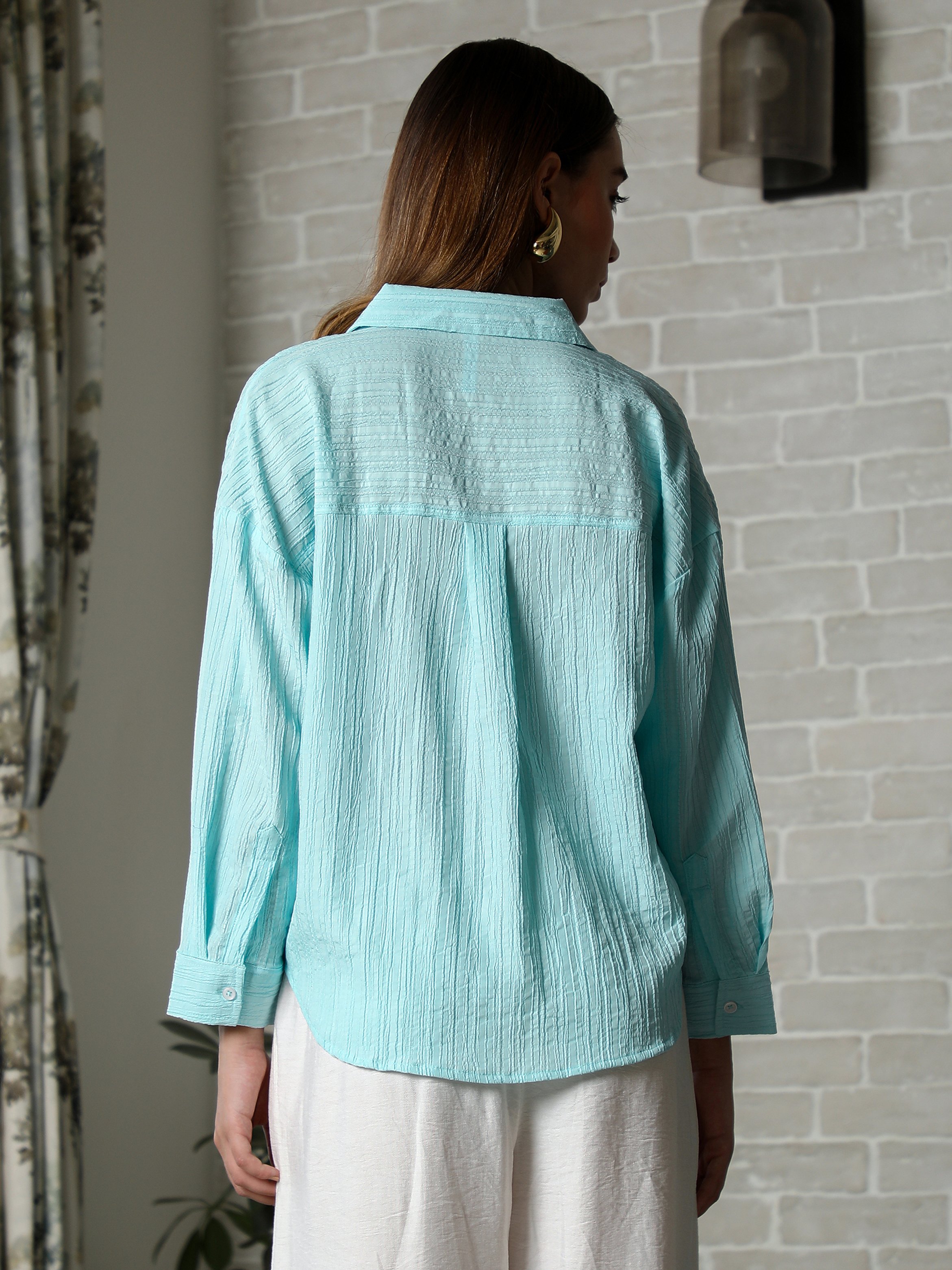 Aqua Blue Textured Oversized Shirt