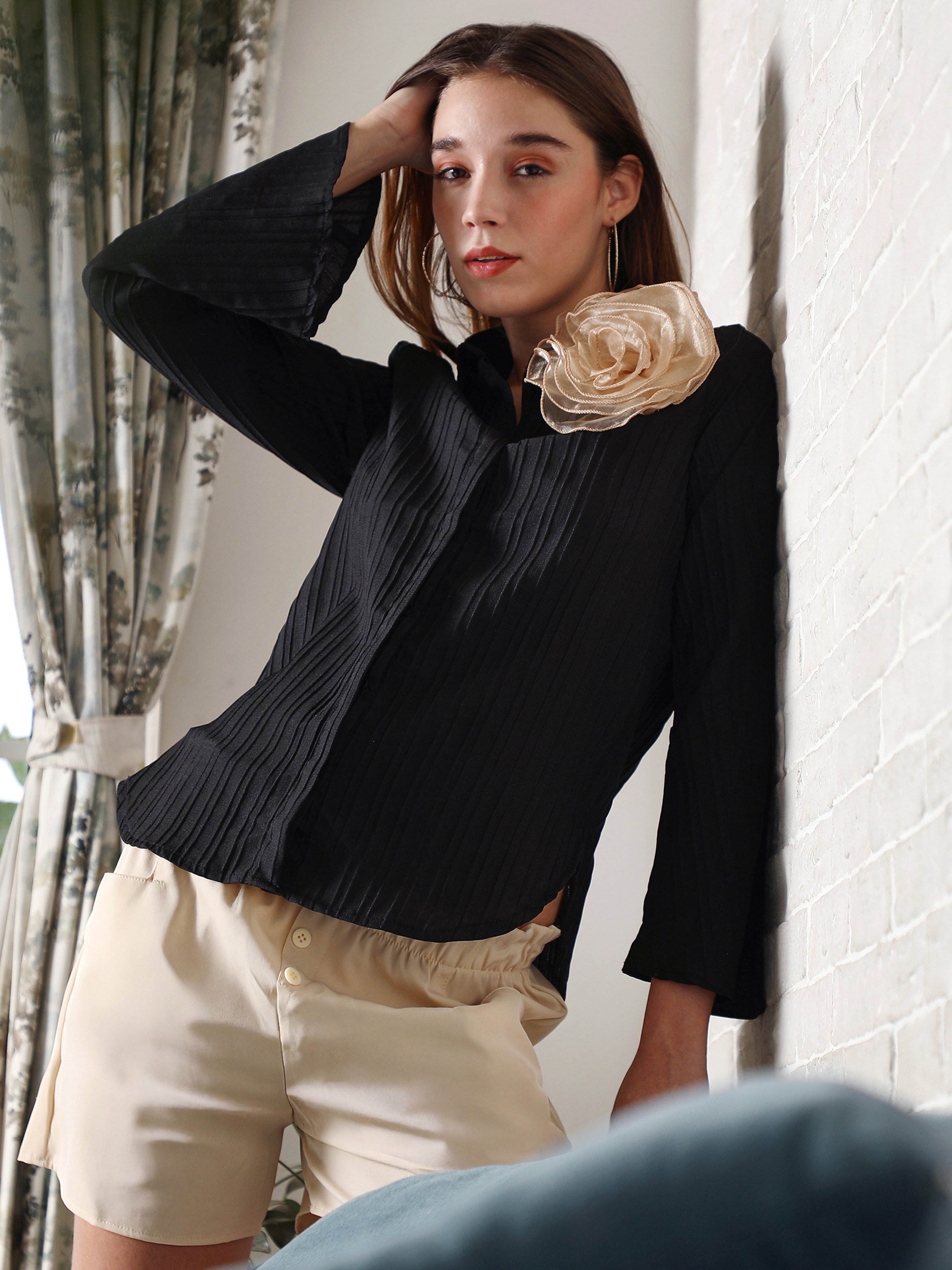 Black Stripe Shirt with Beige Rosette Detail