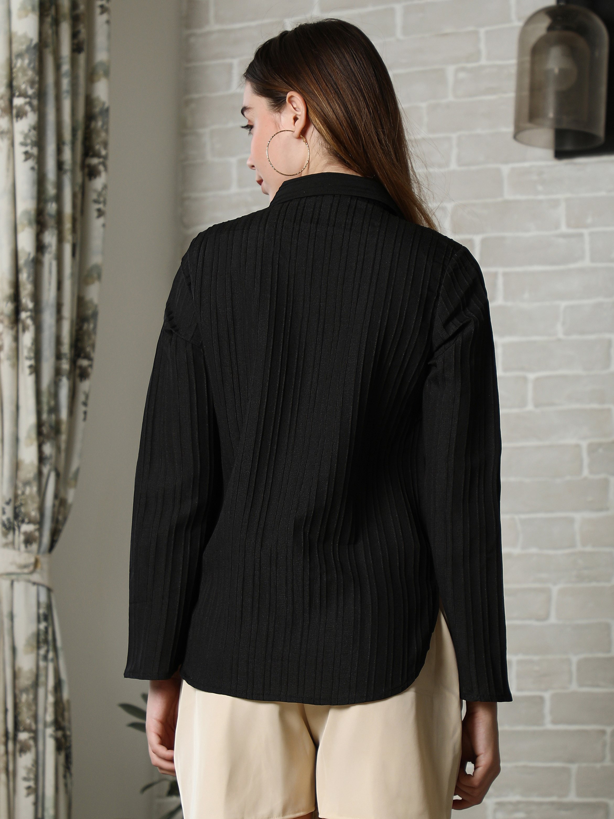 Black Stripe Shirt with Beige Rosette Detail