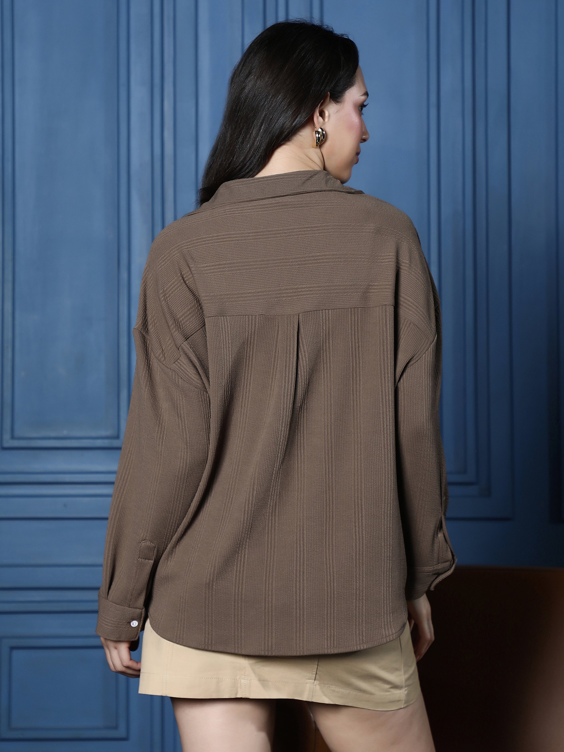 Brown Textured Long Sleeve Oversized Shirt