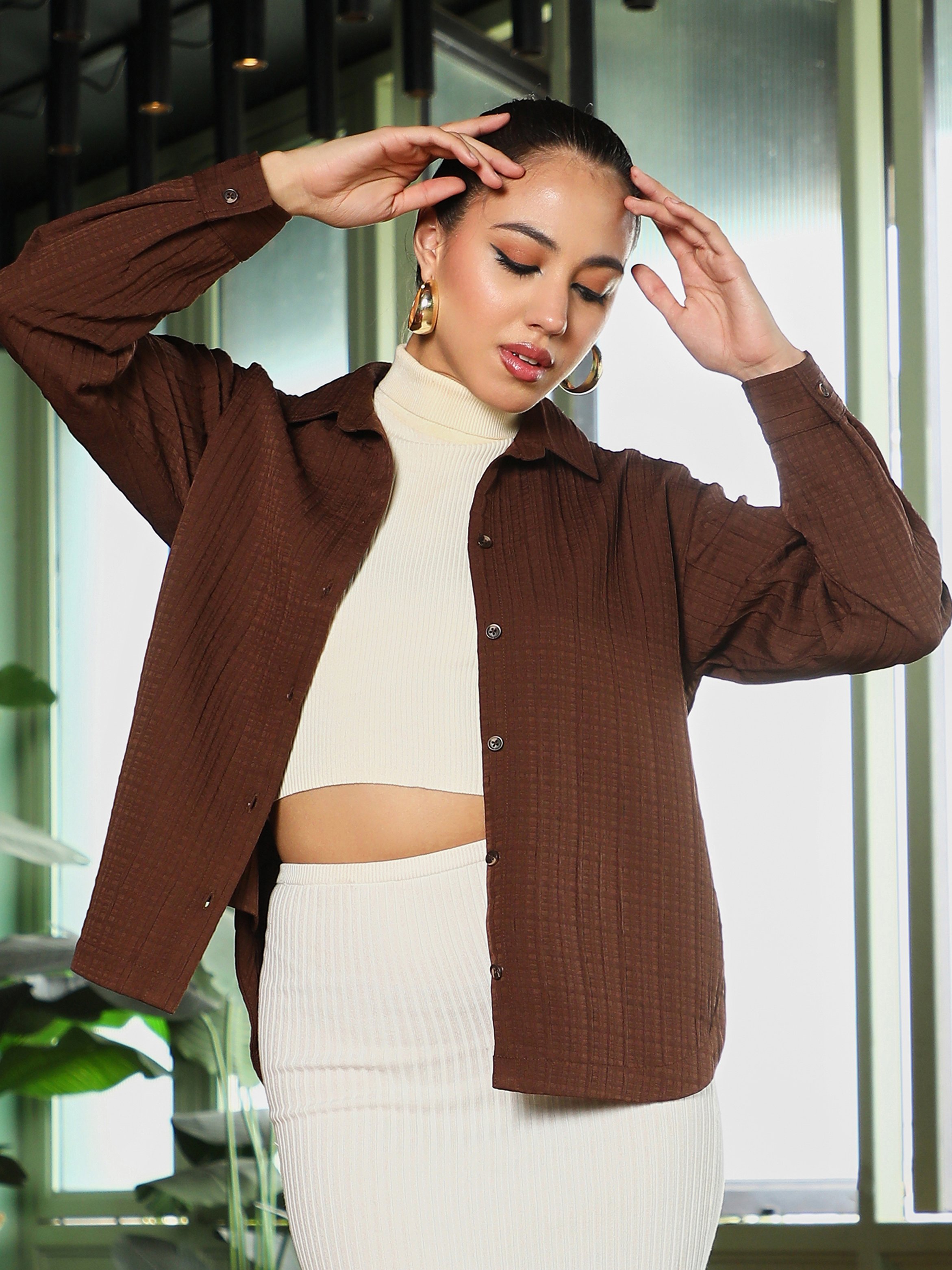 Chocolate Brown Textured Curved Shirt