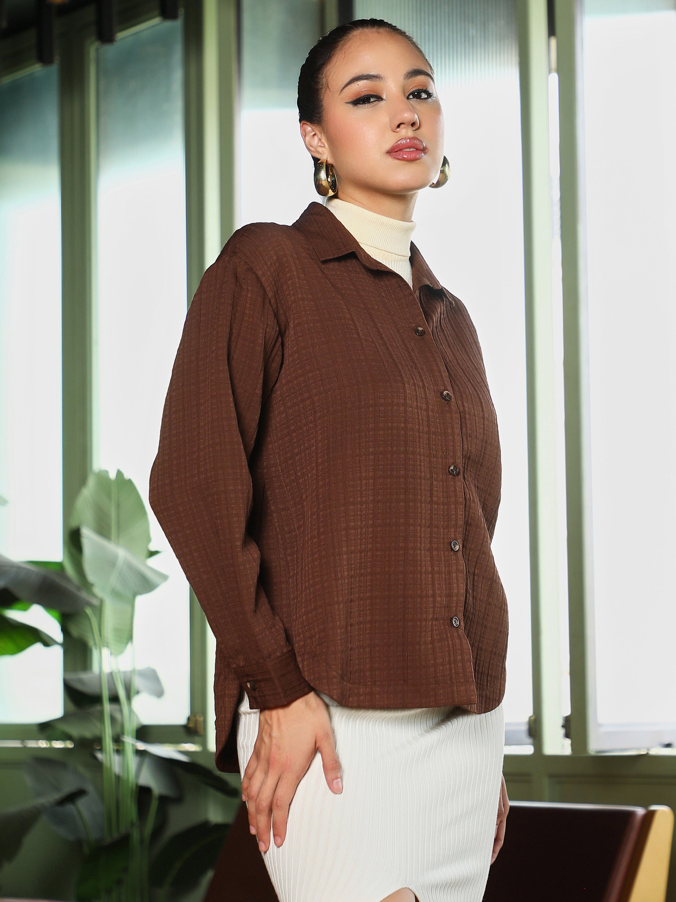 Chocolate Brown Textured Curved Shirt