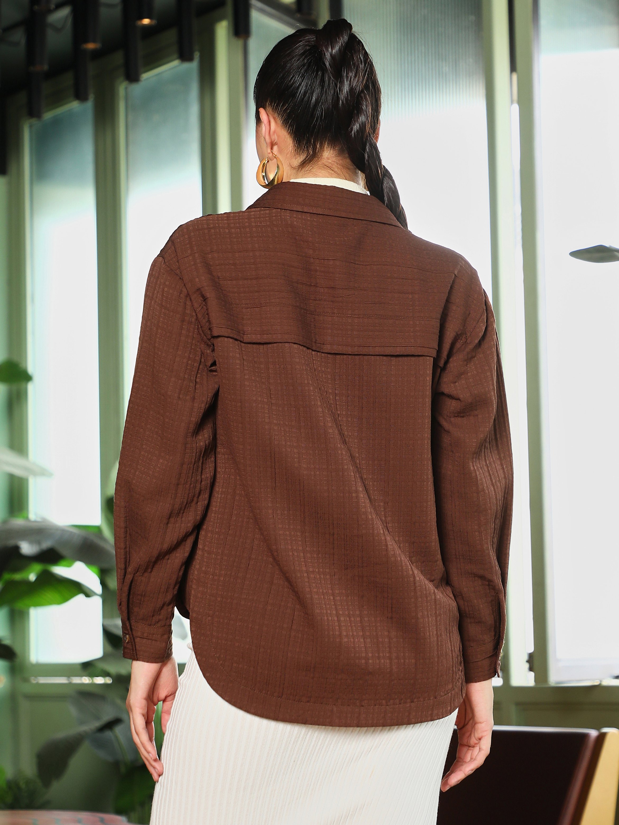 Chocolate Brown Textured Curved Shirt