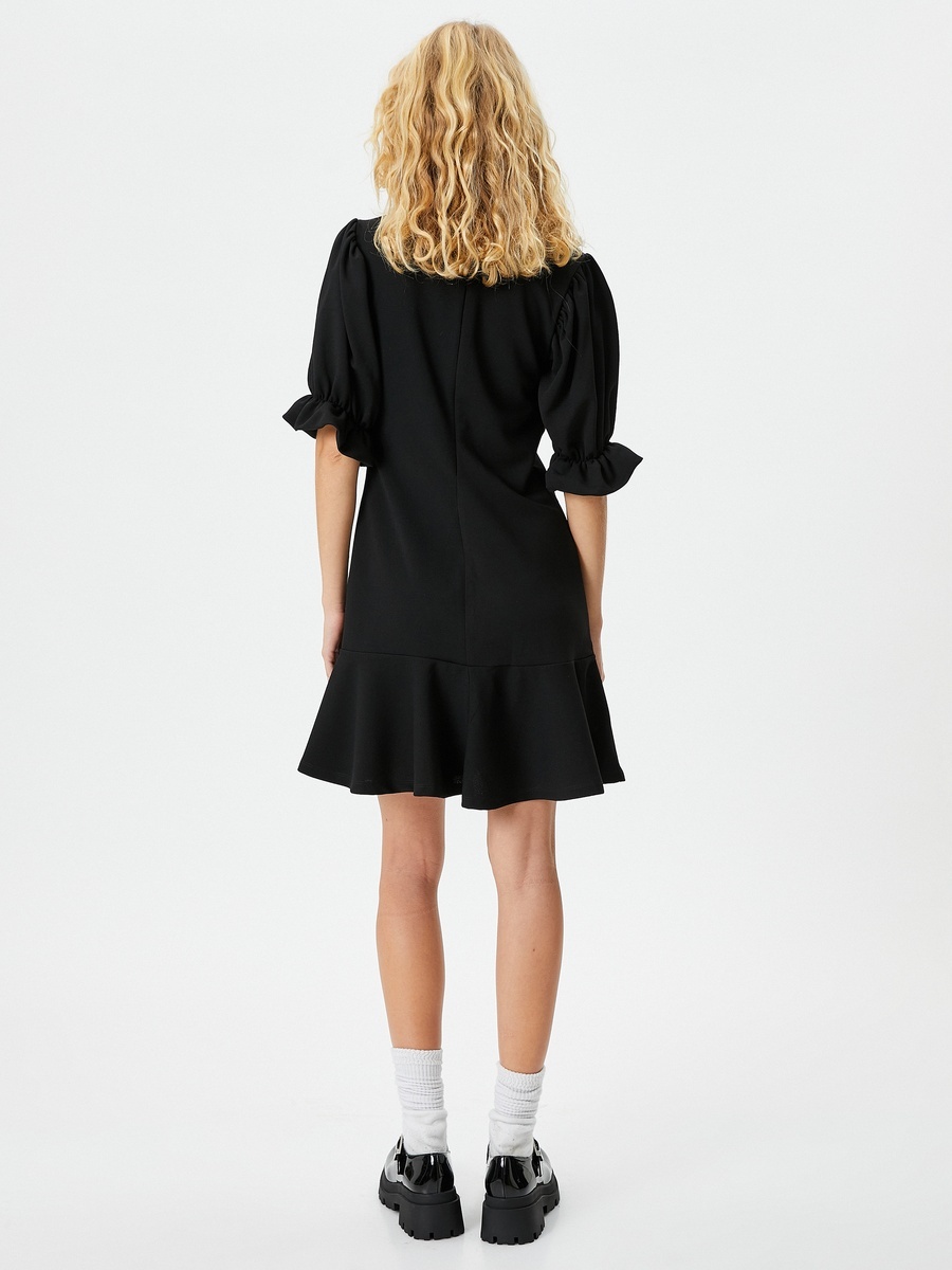 V Neck Ruffle Detail Mini Dress with Back Zip