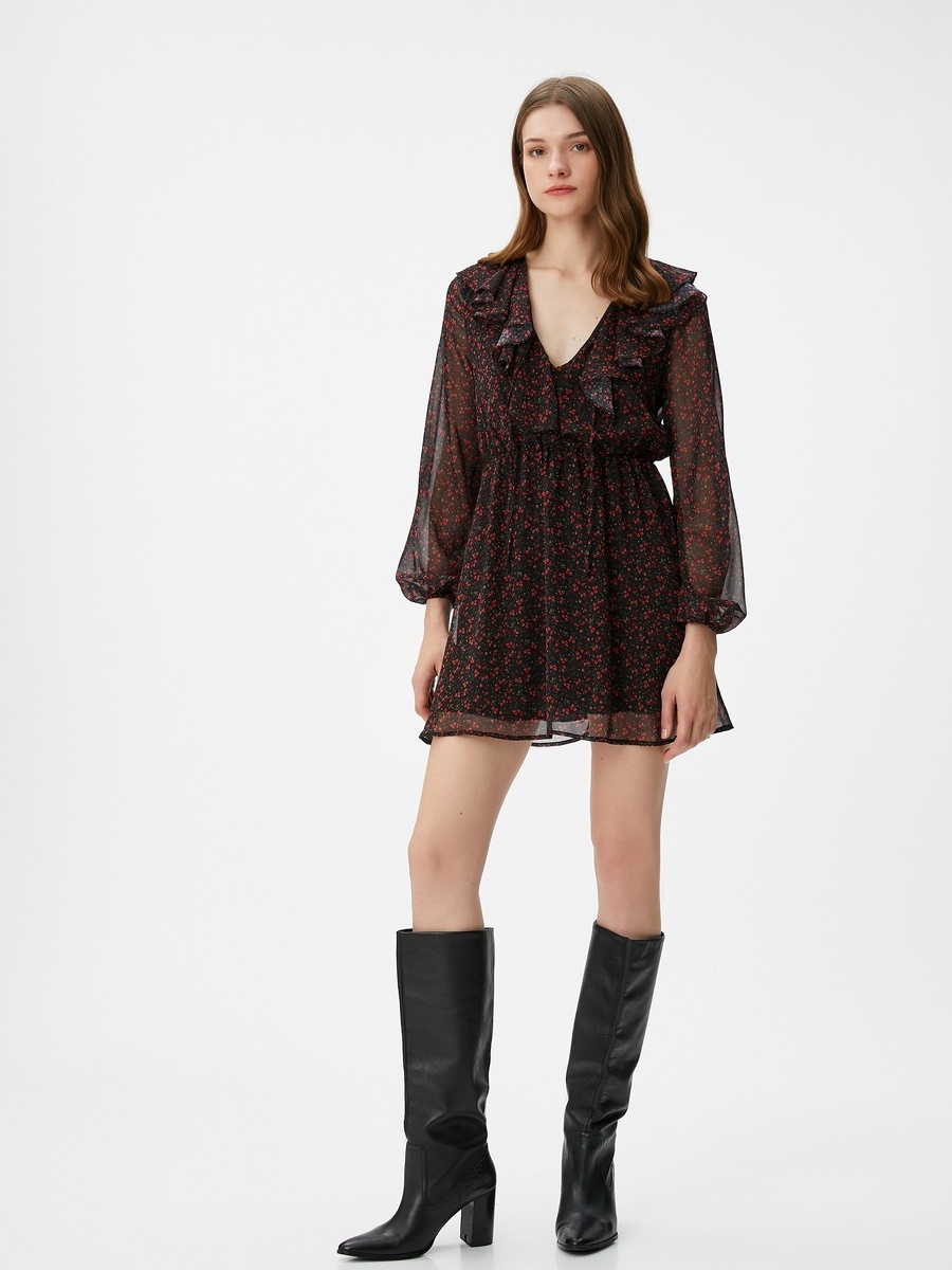 Floral Long Sleeve Tulle Mini Dress