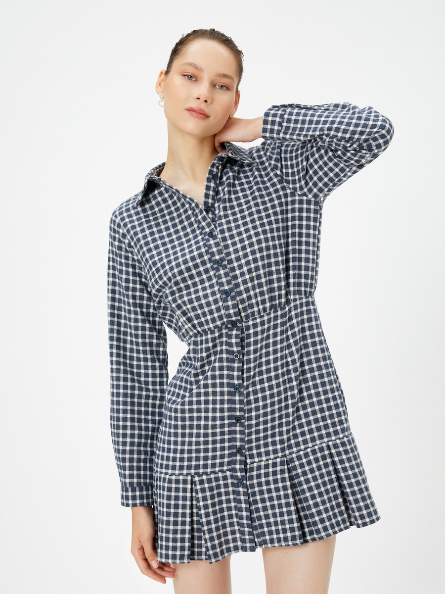 Checked Long Sleeves Mini Shirt Dress