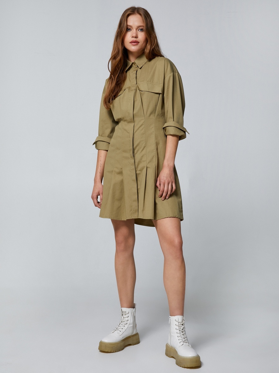 Pleated Long Sleeve Cotton Shirt Dress with Flap Pocket