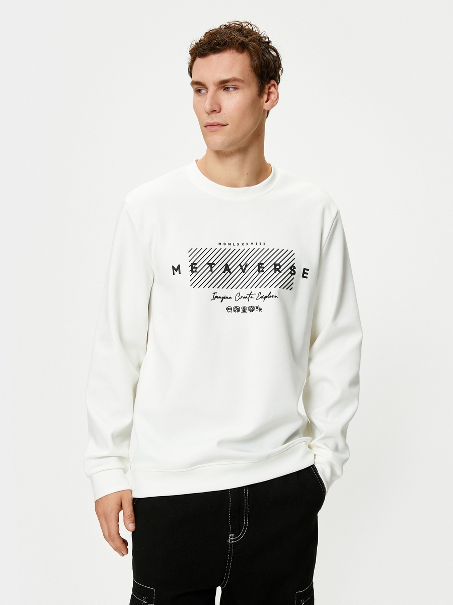 Crew Neck Slogan Printed Ribbed Sweatshirt