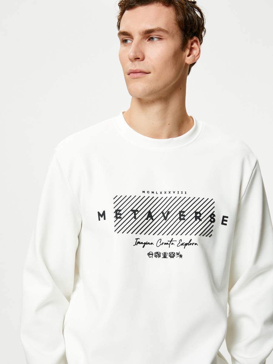Crew Neck Slogan Printed Ribbed Sweatshirt