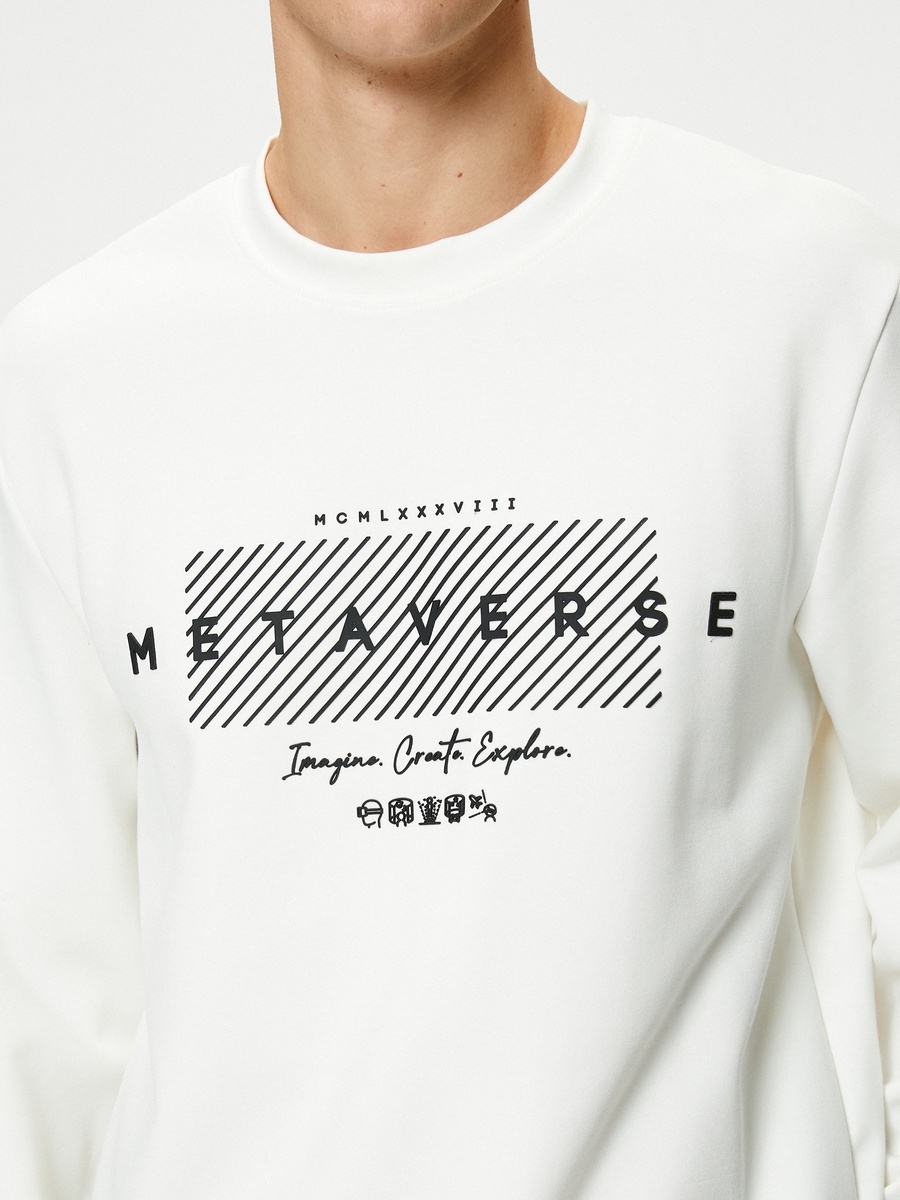 Crew Neck Slogan Printed Ribbed Sweatshirt