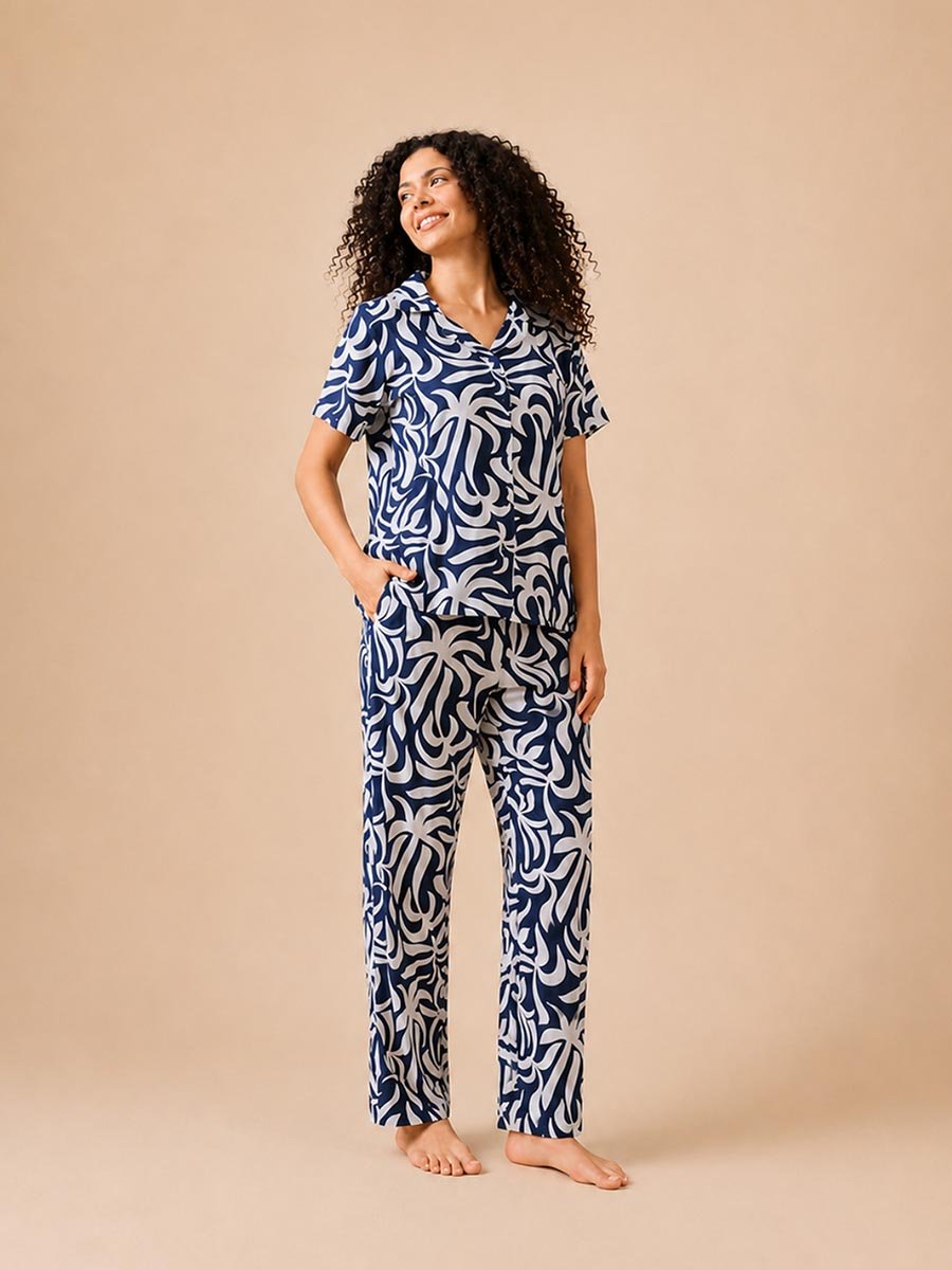 Blue Floral Print Short Sleeve Pajama Set