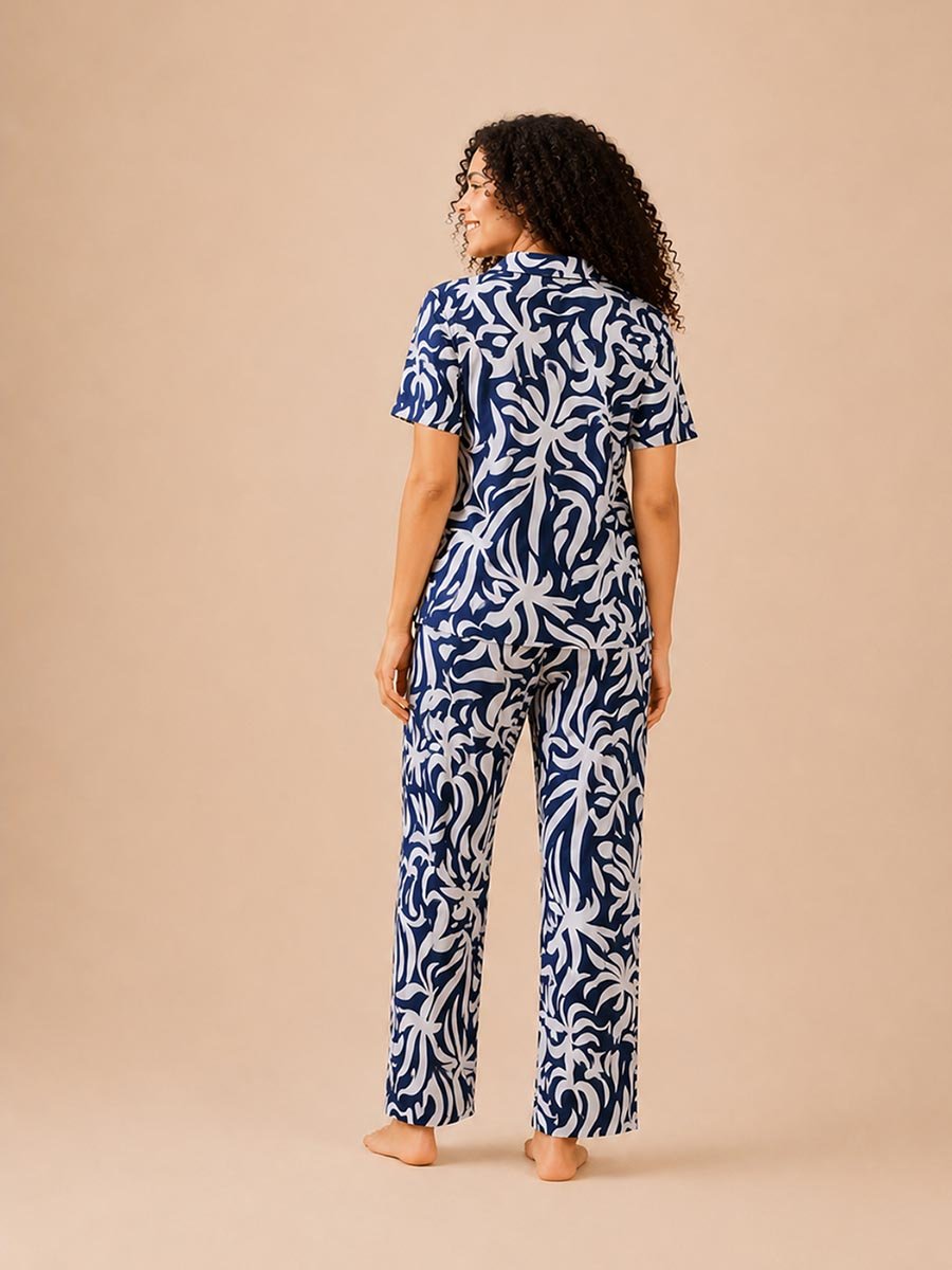 Blue Floral Print Short Sleeve Pajama Set
