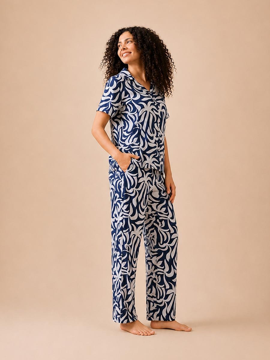 Blue Floral Print Short Sleeve Pajama Set