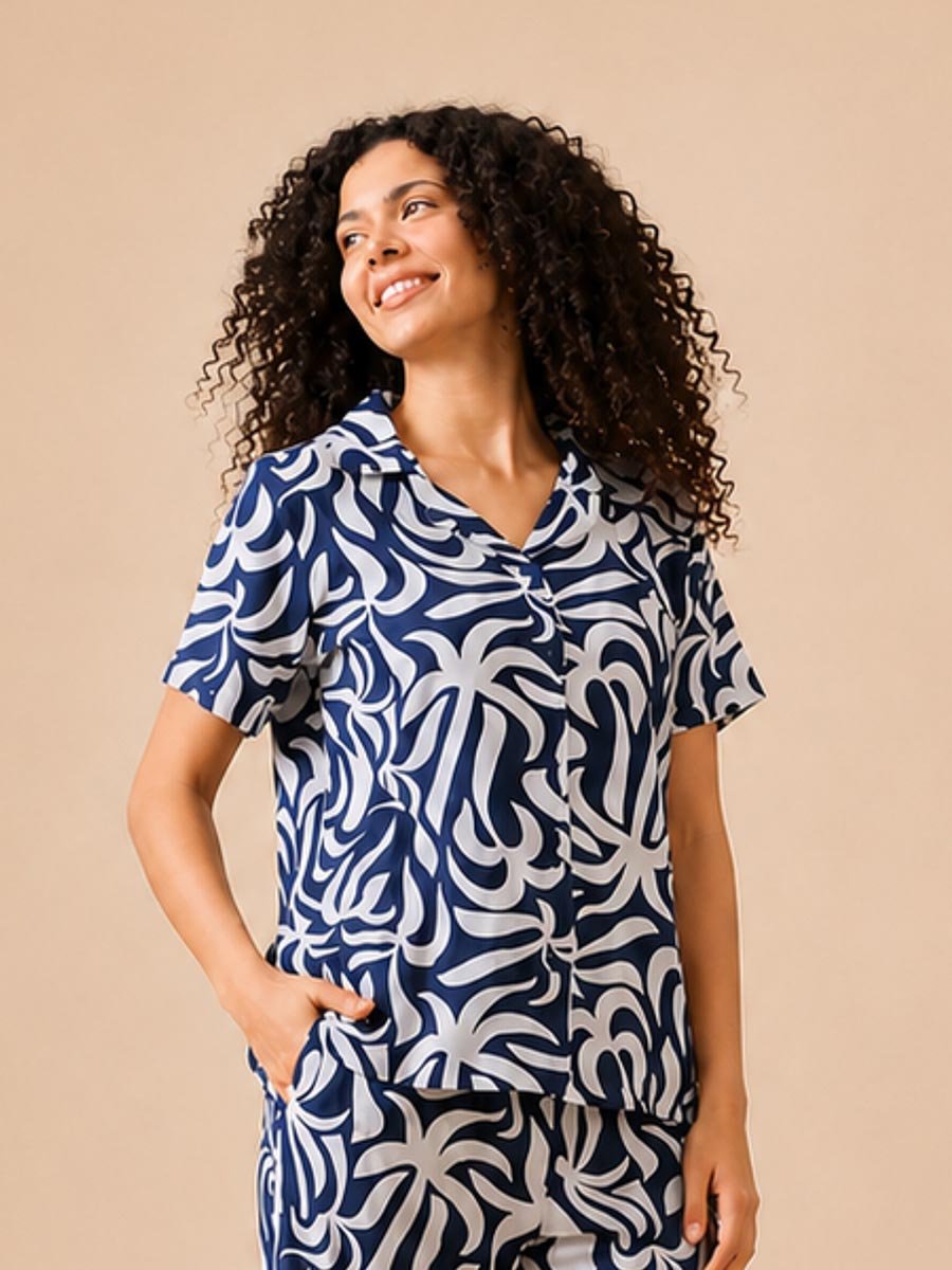 Blue Floral Print Short Sleeve Pajama Set