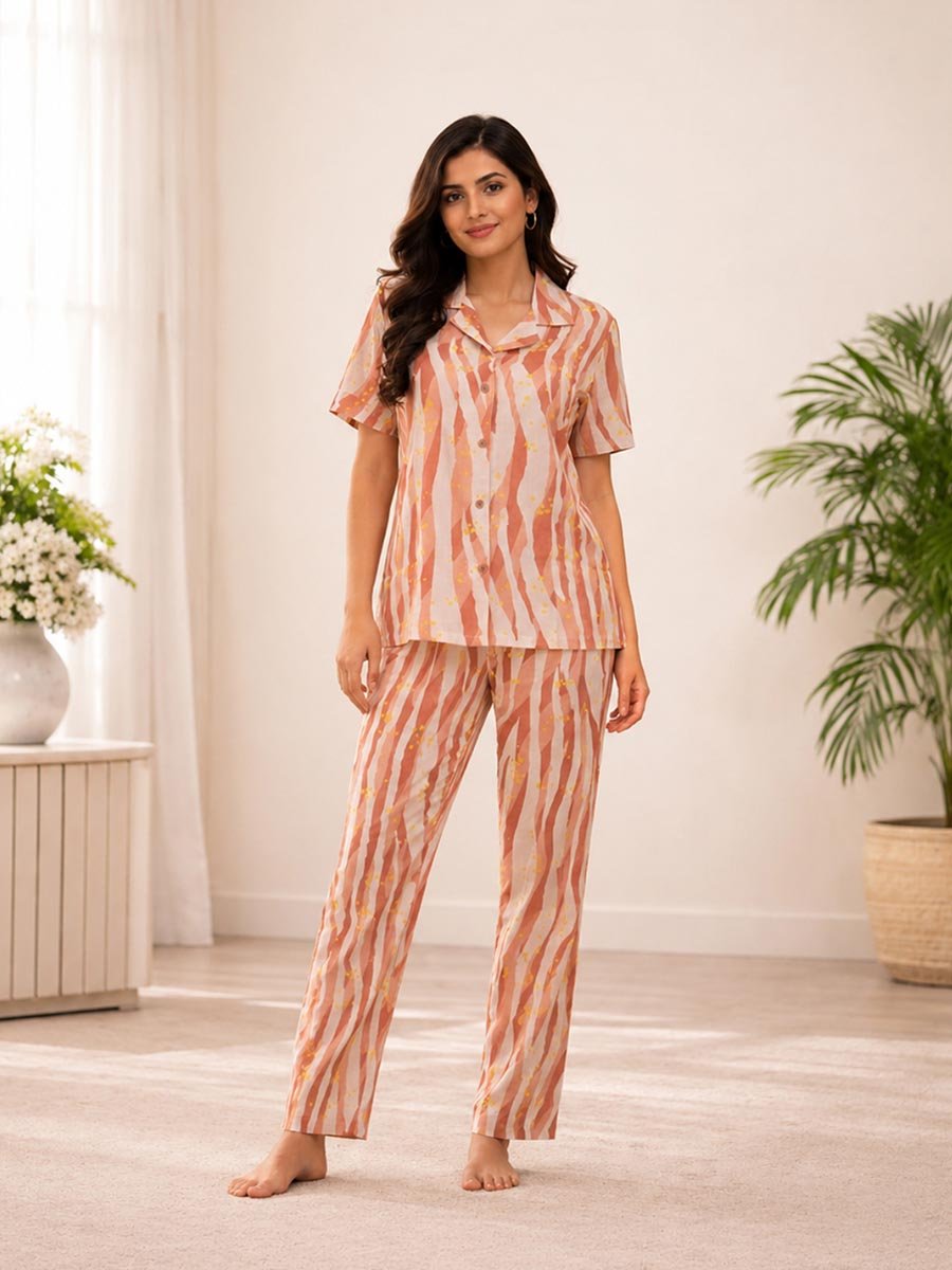 Multi-Print Woven Short Sleeve Shirt and Straight Pyjama Set