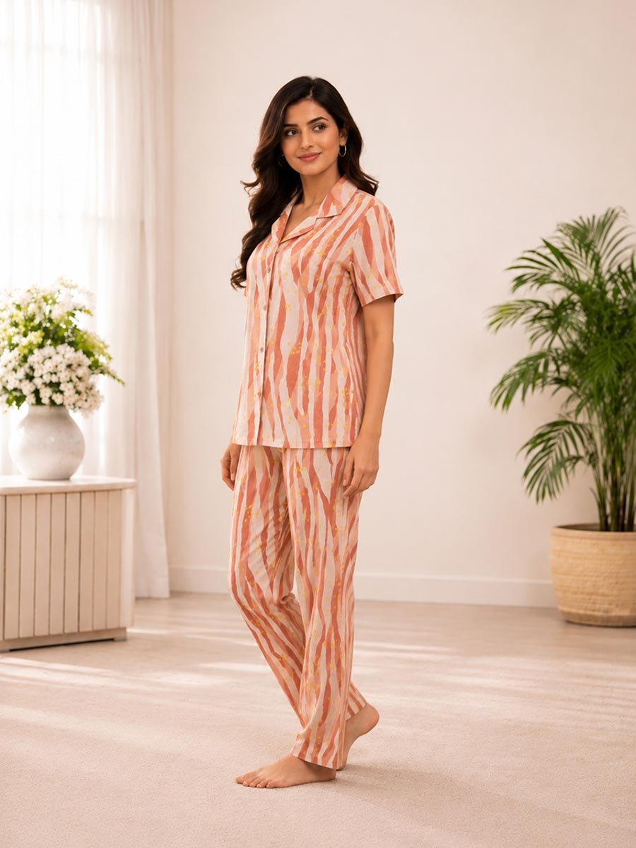 Multi-Print Woven Short Sleeve Shirt and Straight Pyjama Set