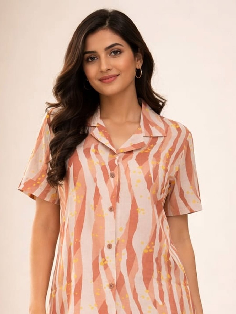 Multi-Print Woven Short Sleeve Shirt and Straight Pyjama Set