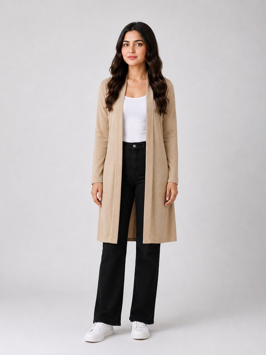 Beige Solid Ribbed Longline Shrug