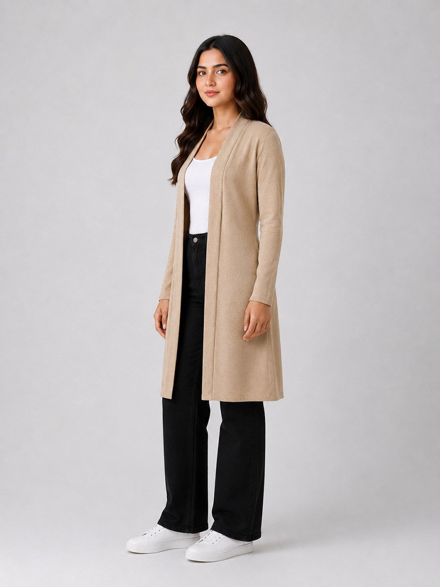 Beige Solid Ribbed Longline Shrug