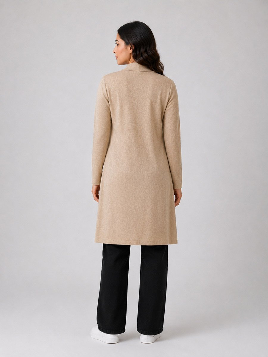 Beige Solid Ribbed Longline Shrug