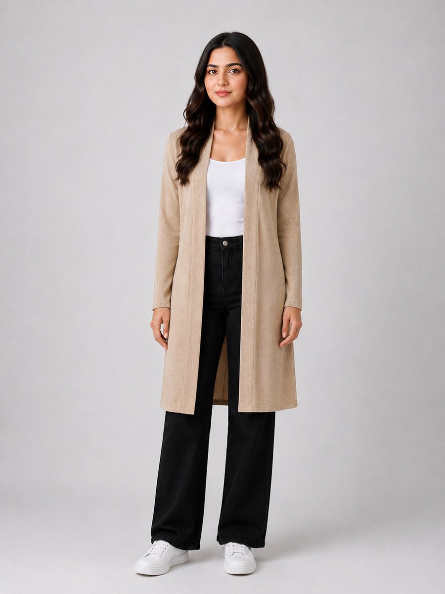 Beige Solid Ribbed Longline Shrug
