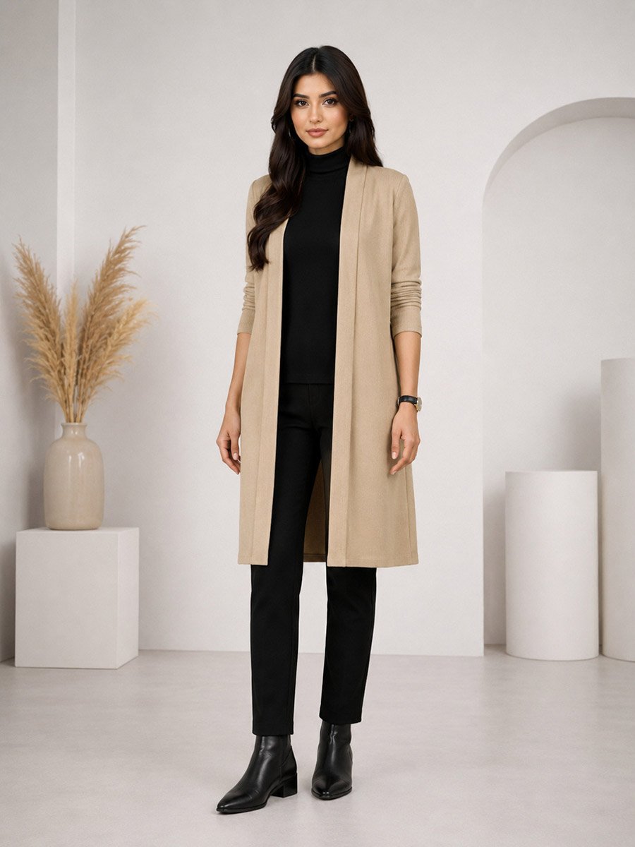 Beige Solid Ribbed Longline Open Front Shrug