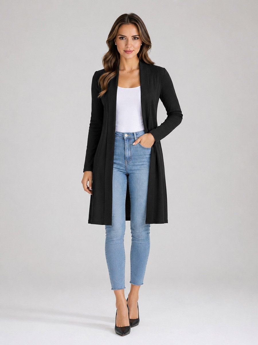 Black Solid Ribbed Longline Shrug