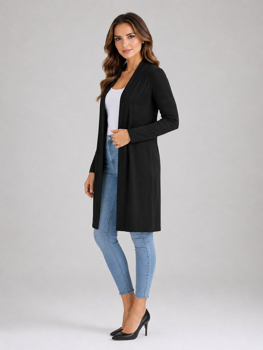 Black Solid Ribbed Longline Shrug
