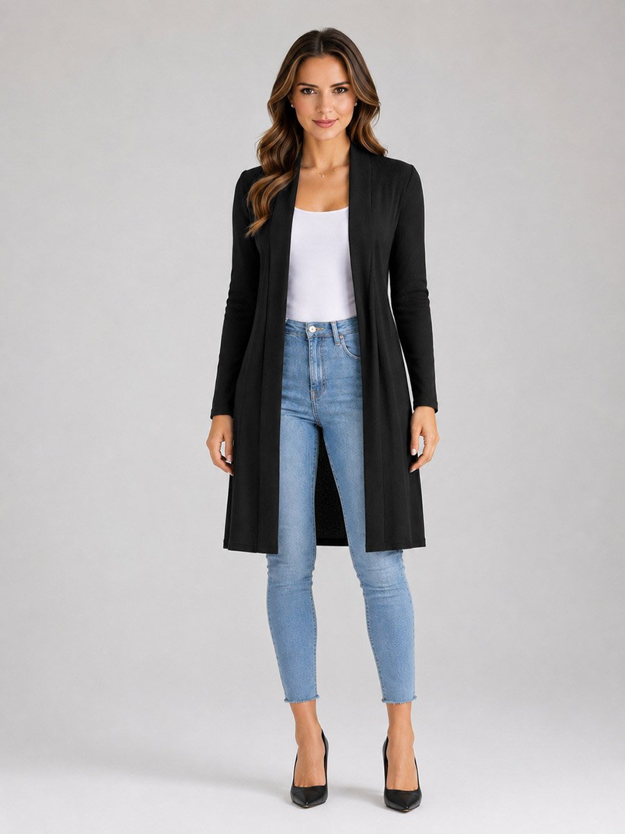 Black Solid Ribbed Longline Shrug