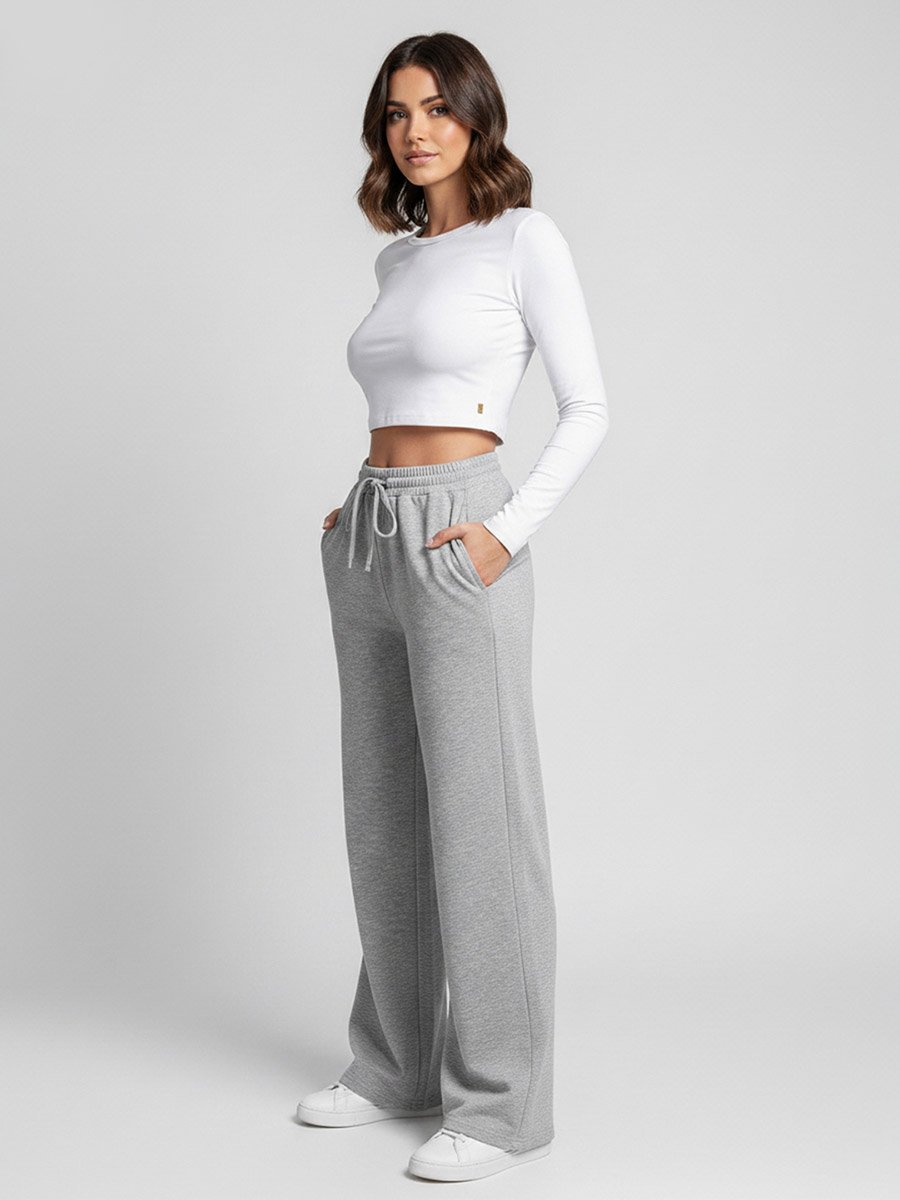 Grey Solid Relaxed Wide Leg Joggers