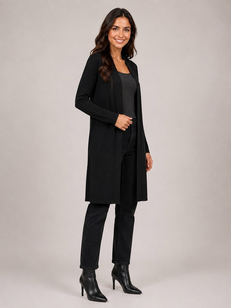 Black Solid Ribbed Longline Open Front Shrug
