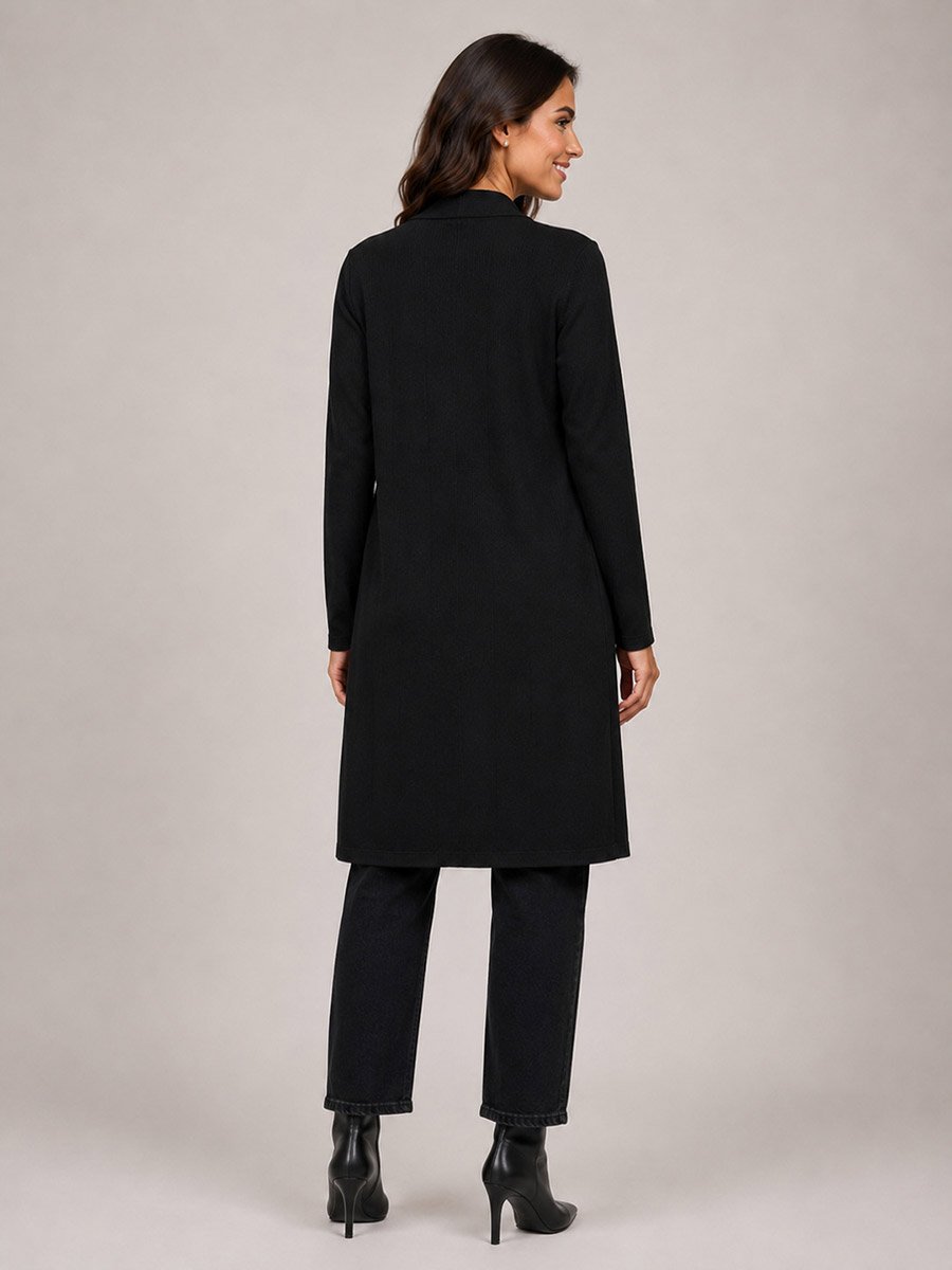 Black Solid Ribbed Longline Open Front Shrug