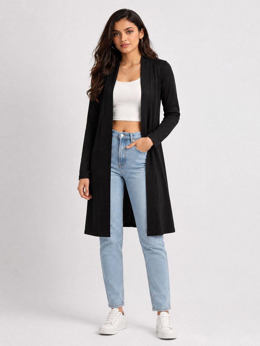 Black Solid Ribbed Longline Open Front Shrug