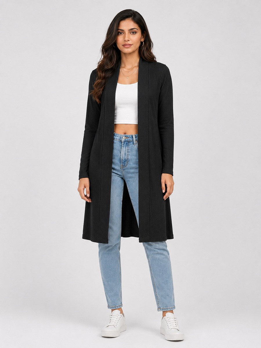 Black Solid Ribbed Longline Open Front Shrug