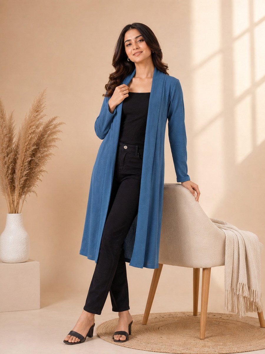 Medium Blue Solid Longline Open Front Shrug