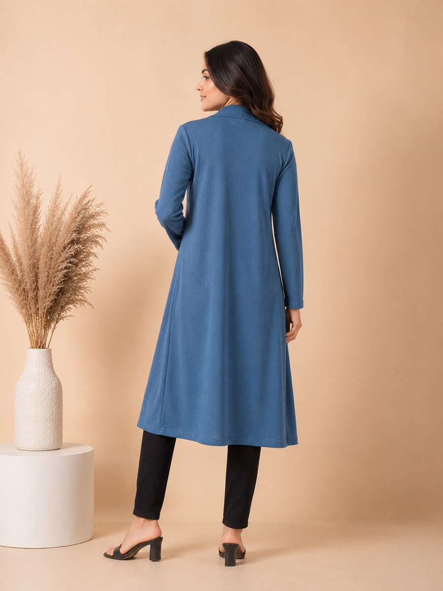 Medium Blue Solid Longline Open Front Shrug